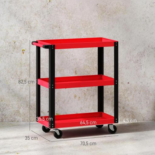 Carro de Herramientas con 3 Estantes Ruedas y Asas para Garaje Mecánico Hogar Carga 120 kg Rojo y Negro [1]
