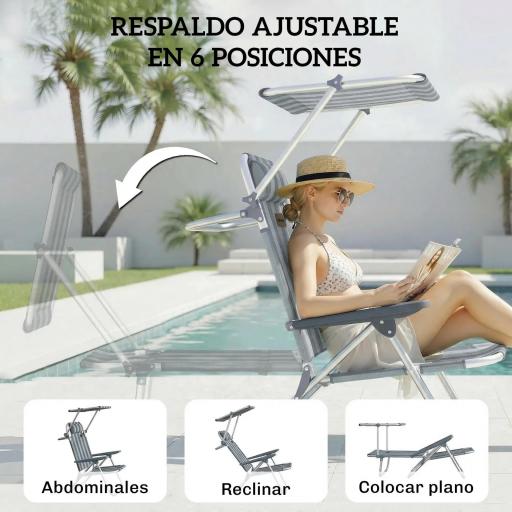 Juego de 2 Sillas de Playa Plegables con Dosel Ajustable Respaldo Reclinable 6 Posiciones Reposacabezas Azul y Blanco [3]