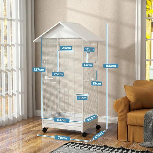  Jaula para Pájaros con Ruedas 79x65x155 cm Jaula Grande con 2 Comederos 8 Perchas y Bandeja Extraíble Blanco [1]