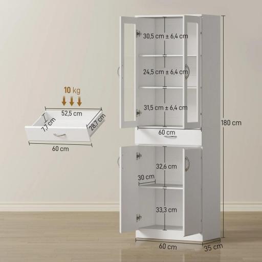 Alacena de Cocina con Puertas de Vidrio Cajón Estantes Ajustables para Comedor Salón 60x35x180 cm Blanco [1]