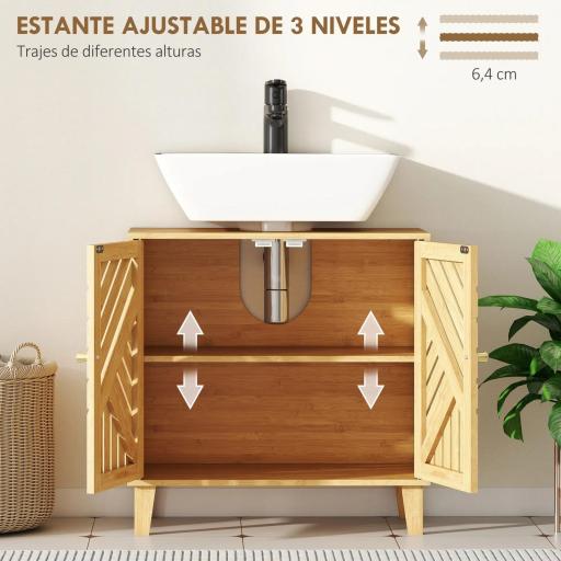Mueble bajo Lavabo de Bambú con 2 Puertas Lamas y Estante Ajustable para Lavabo sin Pedestal 60x30x60 cm Natural [6]