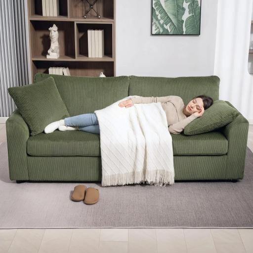 Sofá de 3 Plazas Tapizado en Pana con 2 Almohadas Reposabrazos y Cojín de Muelles 212x80x88 cm Verde [5]