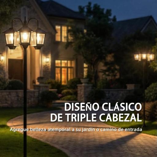 Farola Solar Exterior de Jardín de Aluminio con 3 Cabezales con Encendido/Apagado Automático IP44 40x34,5x188 cm Negro [6]