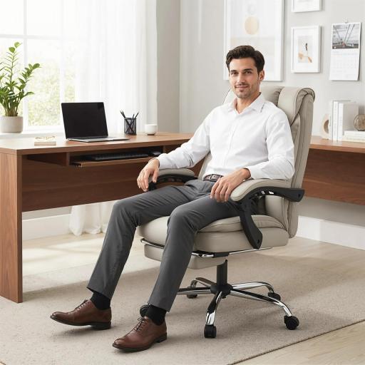 Silla de Escritorio con Reposapiés Respaldo Reclinable Acolchado Grueso Tapizada en Cuero Sintético Caqui [7]