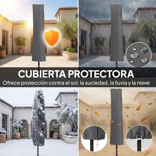 Parasol Excéntrico Ø300 cm con Base Cruzada Manivela Funda Protectora y Cuerdas de Viento UPF30+ Gris Oscuro [2]