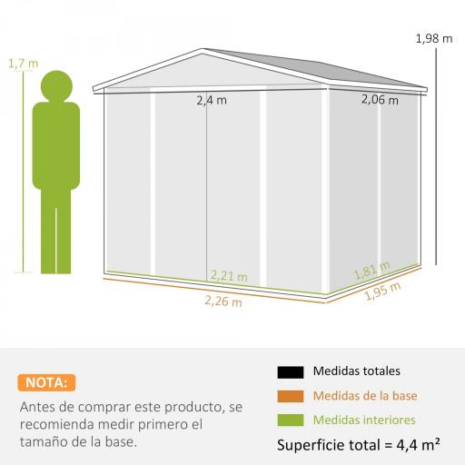Cobertizo de Jardín Exterior 4,4 m² 240x206x198 cm con Base Puerta Corredera y Cerradura 4 Ventanas para Patio Gris [1]