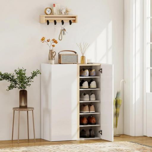 Zapatero de 6 Niveles con 2 Puertas en Blanco Brillo con Cierre Suave y Estantes Ajustables 70x33,5x95 cm Blanco