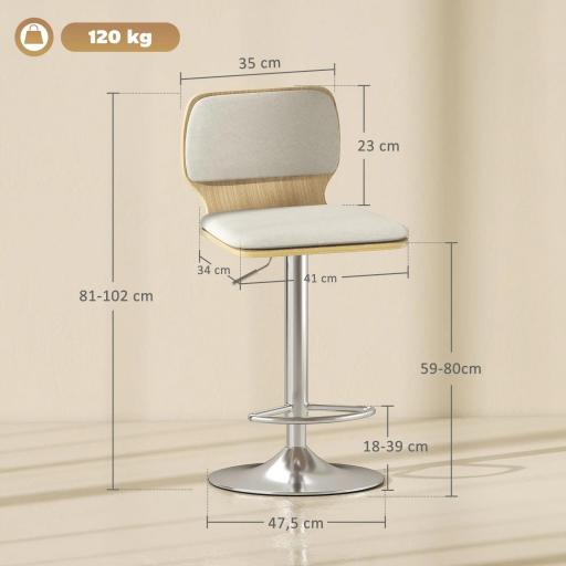 Juego de 2 Taburetes Altos de Cocina Giratorios en 360° Regulables en Altura de 81-102 cm Tapizados en Lino Beige [1]