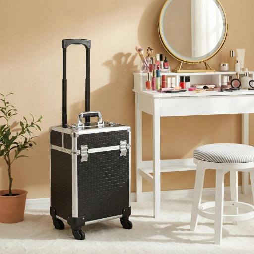 Maleta de Maquillaje Profesional con Ruedas Mango 2 Bandejas Compartimento Inferior Negro [2]