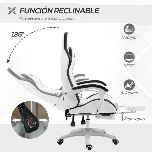 Silla Gaming Silla Gamer de Cuero PU Altura Ajustable Reclinable 135° Reposacabezas y Reposapiés 65x65x121-129 cm Blanco [2]