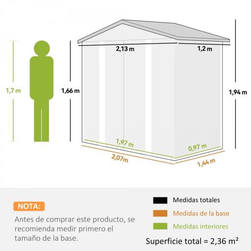Cobertizo Metálico para Jardín 213x120x166/194 cm con Base Refuerzo Puertas Correderas y Ventilaciones Roble. [1]