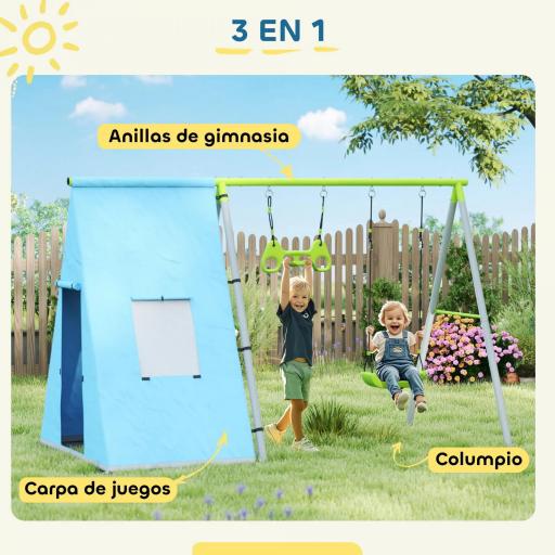 Columpio Infantil 3 en 1 con Tienda Anillas y Altura Ajustable para Niños de 3-8 Años Estructura Metálica 283x180x182 cm [5]