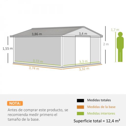 Cobertizo de Jardín 12,4 m² 340x386x200 cm con 2 Puertas Corredizas Base Refuerzo (Suelo NO Incluido) Gris Oscuro [1]
