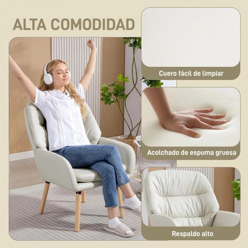 Sillón de Salón Moderno Acolchado de Doble Capa Tapizado en Cuero Sintético Patas de Madera 68x74x89 cm Crema [2]