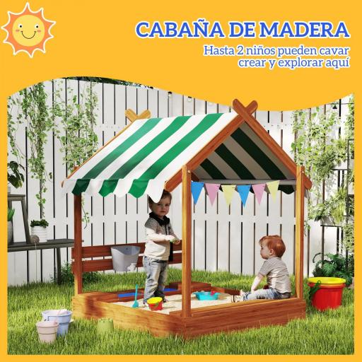 Arenero Infantil con Toldo 6 Banderines 2 Bandejas Grifo y Pizarra en Forma de Casa para Patio 124x116x146 cm Naranja [2]