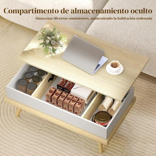 Mesa de Centro Elevable con 3 Compartimientos de Almacenaje Ocultos y Patas de Madera 100x79x54 cm Natural y Blanco [4]