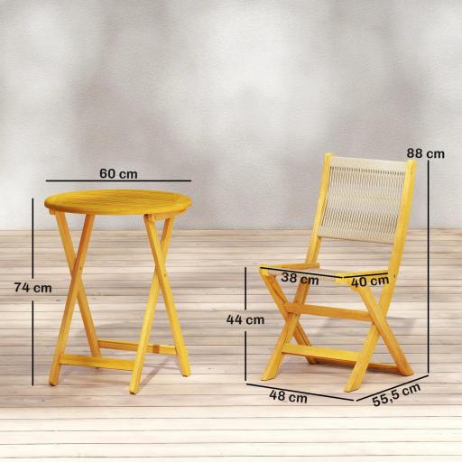 Conjunto de Jardín de 3 Piezas de Madera con 2 Sillas Plegables y Mesa Redonda para Patio Balcón Natural [1]