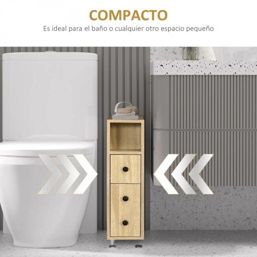 Armario de Baño con Ruedas Mueble Auxiliar para Baño con Estante Abierto Puerta y Cajón 18x30x68,5 cm Roble [2]