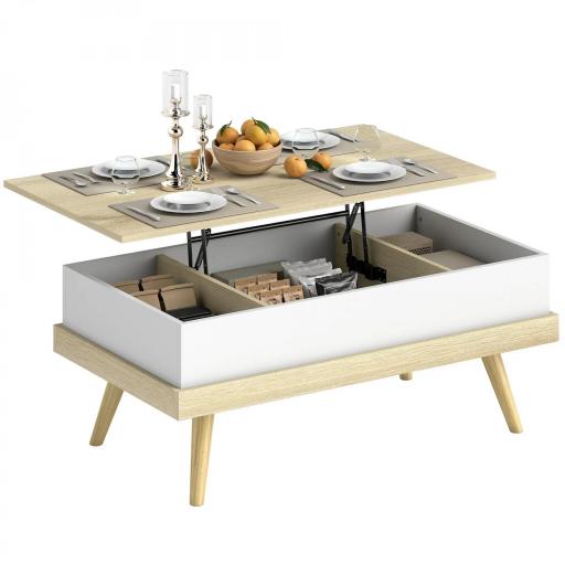 Mesa de Centro Elevable con 3 Compartimientos de Almacenaje Ocultos y Patas de Madera 100x79x54 cm Natural y Blanco [9]