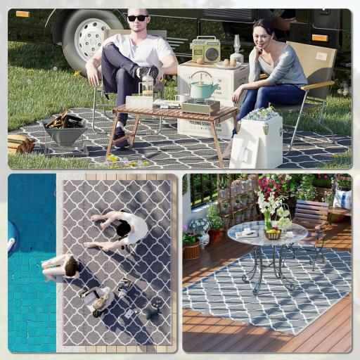 Alfombra Exterior Reversible 182x274 cm de Plástico Impermeable para Terraza Patio Camping Playa Gris y Blanco [3]