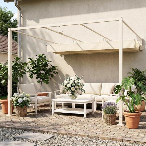 Pérgola de Pared de Jardín 3x3 m con Techo Retráctil Protección UPF30+ Drenaje Cenador de Jardín para Exterior Beige [6]