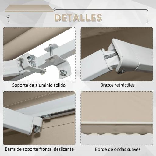 Toldo Manual 395x245 cm con Manivela Toldo Balcón Patio Terraza de Aluminio y Tejido Poliéster 280 g/m² Anti-UV Beige [2]