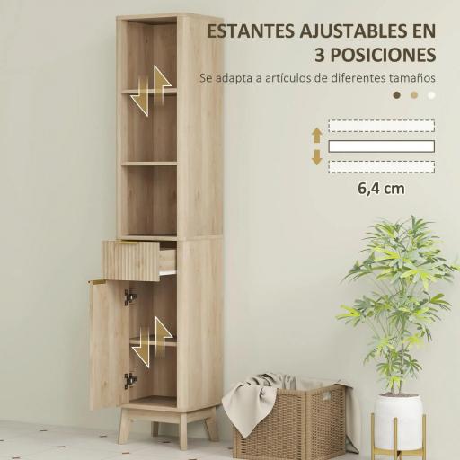Columna Alta de Baño con Estantes y Cajón Diseño Compacto y Funcional para Espacios Reducidos 33x30x170 cm Tono Madera [3]