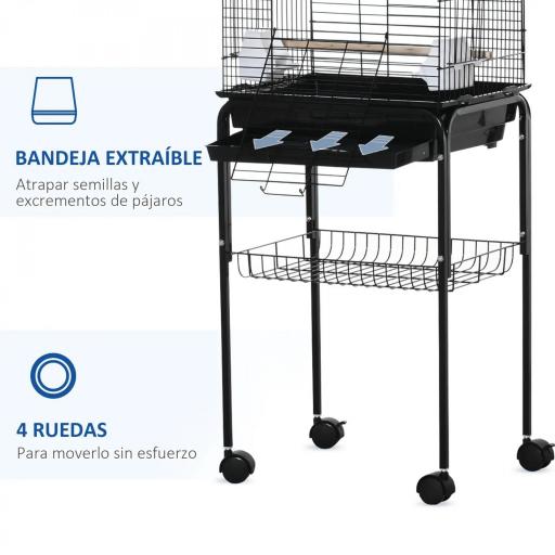 Jaula para Pájaros con Soporte Jaula de Aves Canarios con 4 Ruedas Techo Abrible 2 Comederos 3 Perchas Bandeja Extraíble y Estante Inferior 46x36x130 cm Negro [4]