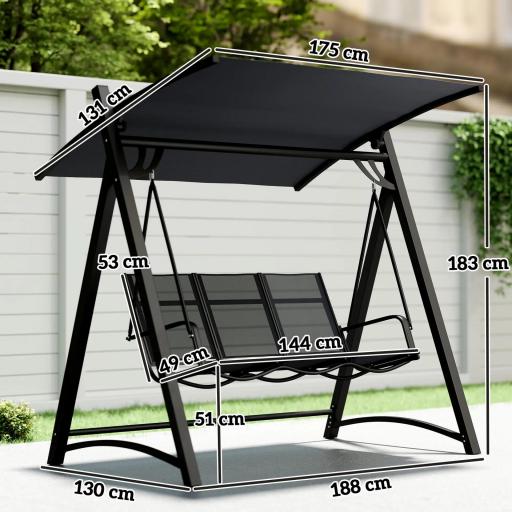 Columpio de Jardín de 3 Plazas con Techo Ajustable UPF50+ Asiento Transpirable Carga 360 kg 188x130x183 cm Gris [1]