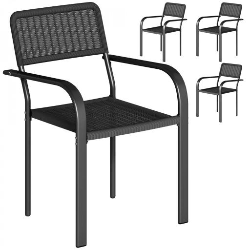 Juego de 4 Sillas de Jardín Exterior Apilables con Reposabrazos Respaldo y Marco de Acero 55x60x83 cm Negro [9]