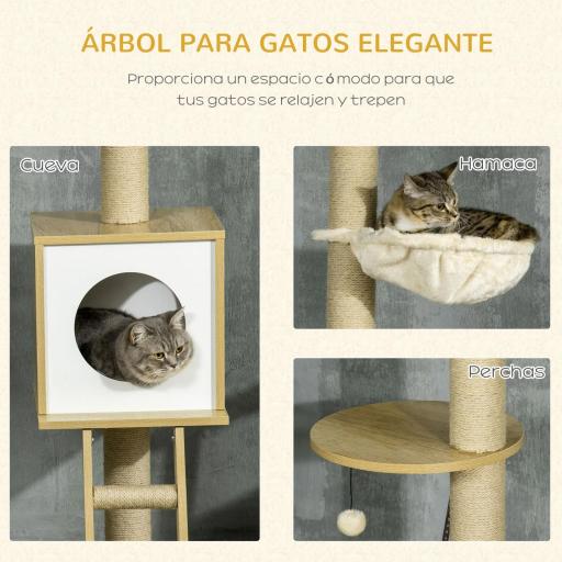 Árbol para Gatos de Suelo a Techo con Altura Ajustable y Juego de Entretenimiento Libre 40x40x225-285 cm Beige [4]