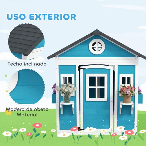 Casita de Madera Infantil con Puerta Ventanas Jardineras y Repisas con Detalles de Color 114x126,4x135 cm Azul [5]