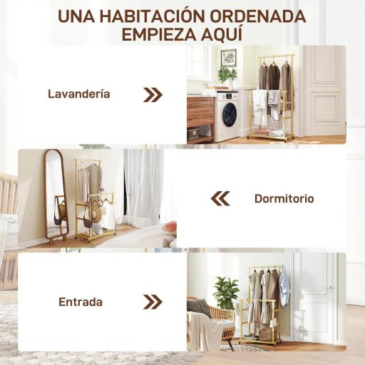 Perchero Colgador de Ropa de Bambú con Ruedas Estante para Zapatos 2 Barras para Colgar 80x40x160 cm Natural [4]