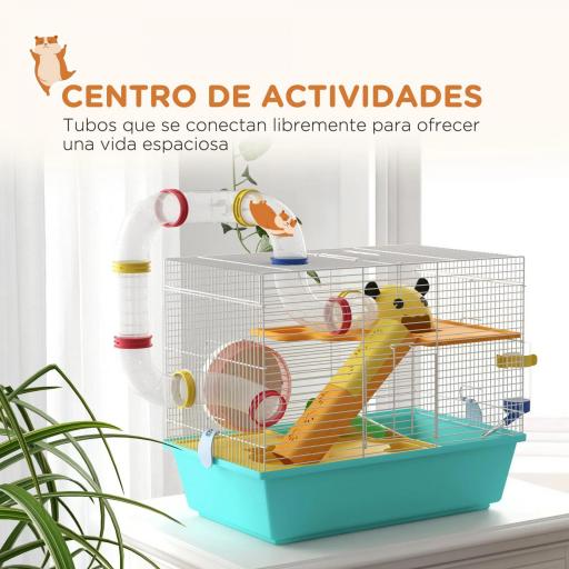 Jaula de Hámster con Túnel Plataformas Cuenco Bebedero Casita Rampas y Rueda de Ejercicio 45x28x37 cm Azul Claro [2]