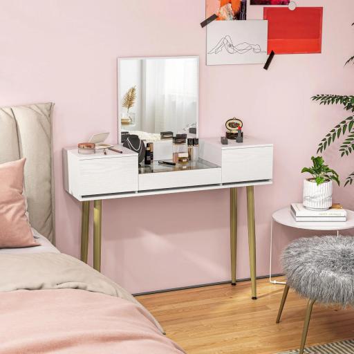 Tocador Elegante con Espejo Cuadrado y Cajones Organizadores 105,5x30x130,5 cm Blanco y Dorado