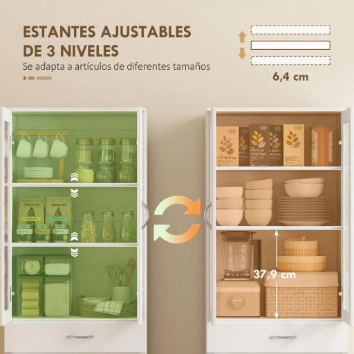Alacena de Cocina con Puertas de Vidrio Cajón Estantes Ajustables para Comedor Salón 60x35x180 cm Blanco [7]
