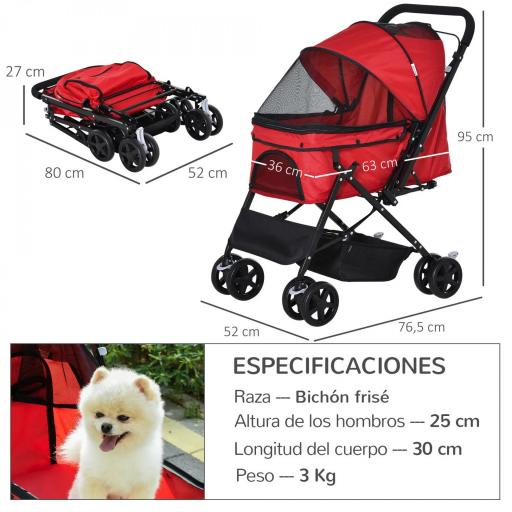 Carrito para Perros Plegable con Mango Reversible Ventana de Malla Cesta de Almacenamiento 76,5x52x95 cm Rojo [1]