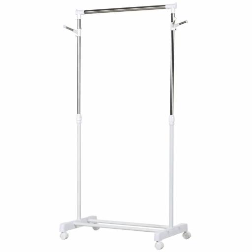 Estante de Ropa Perchero Estándar de Barra Altura Ajustable Portátil con Estante Inferior sobre Ruedas Tubería de Acero 68,5x42x87-145 cm Blanco Plata [7]