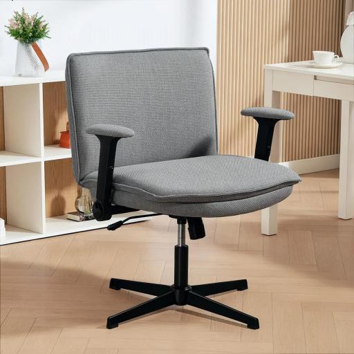 Silla de Oficina Piernas Cruzadas con Reposabrazos Abatible Asiento Ancho sin Ruedas Altura Ajustable Giratoria Gris [0]