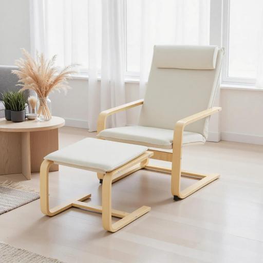 Sillón con Reposapiés Sillón Lectura con Respaldo Alto Reposacabezas Extraíble Patas de Madera y Tapizado en Lino Crema [1]