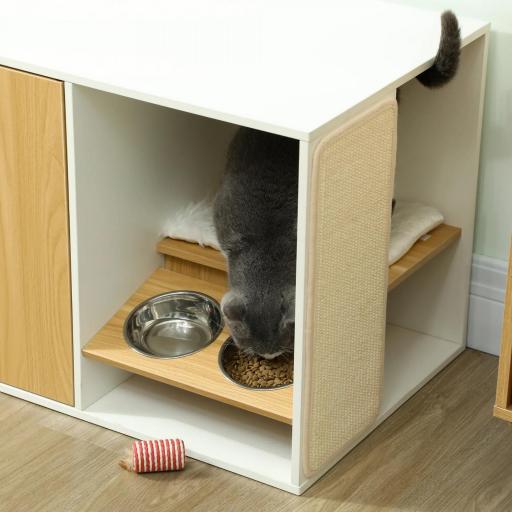 Mueble Arenero para Gatos 3 en 1 con Puertas Cojín Tazones y Estera para Rascar 95x48x50,5 cm Blanco y Roble [6]