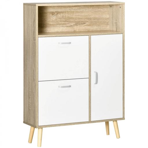 Mueble Zapatero para 8 Pares de Calzado con 2 Cajones Abatibles Armario y Balda 80x25,5x112,5 cm Natural y Blanco [8]