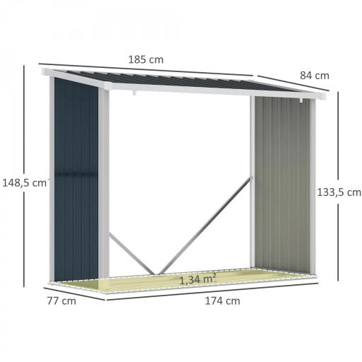 Casetilla para Leña Acero Galvanizado Cobertizo Leñero de Almacenamiento de Troncos con Techo Inclinado para Jardín Terraza Exterior 185x84x133,5/148,5 cm Gris [1]
