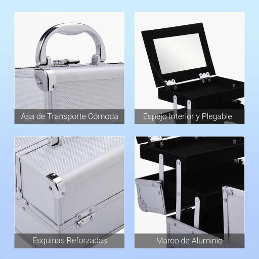 Maletín Maquillaje Profesional Estuche de Cosmético Portátil con Bandejas de 3 Niveles y Espejo 2 Llaves para Joyero Manicura Viaje 20x15x15 cm Plateado [2]
