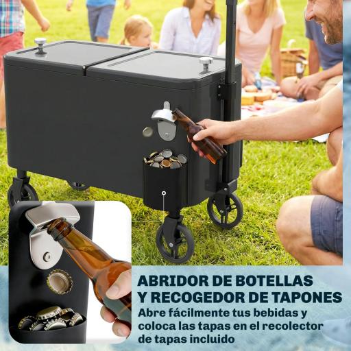 Carrito Nevera de 56L con Ruedas Mango Ajustable Abrebotellas Recogetapas Drenaje y Asa 75x35x120 cm Negro [7]