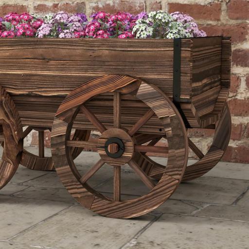 Jardinera de Madera Exterior en Forma de Carrito con 4 Ruedas y Mango para Balcón Jardín Patio 120x41x54 cm Carbonizado [7]