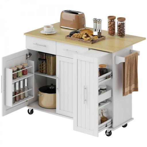 Isla de Cocina con Ruedas Encimera Plegable 2 Puertas con Cierre Suave Bandeja Extraíble 2 Cajones Blanco [9]