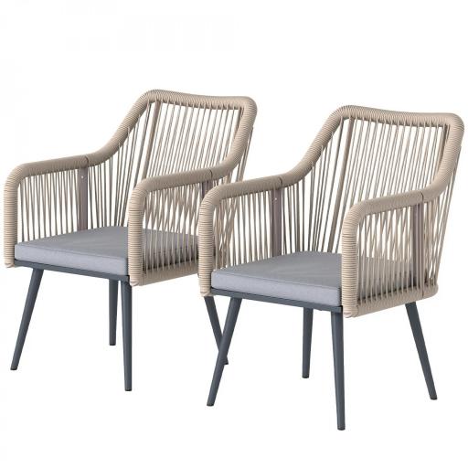 Set de 2 Sillas de Jardín Exterior de Ratán con Cojines Reposabrazos y Marco de Acero para Terraza 54x65x80 cm Gris [8]