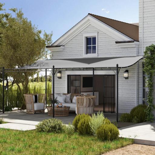 Pérgola de Pared 3x6 m con Techo Inclinado Orificios de Drenaje y Estructura Metálica Gris Oscuro [0]