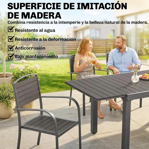 Conjunto de Mesa y Sillas Jardín con Mesa Extensible Marco de Aluminio 8 Sillas y Tablero de Lamas de Madera Plástica [4]